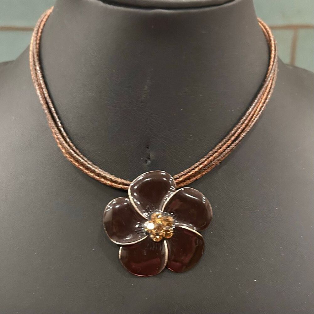 Statement Choker Necklace Women's14.5" Brown Enameled Plumeria Flower Wax Cord